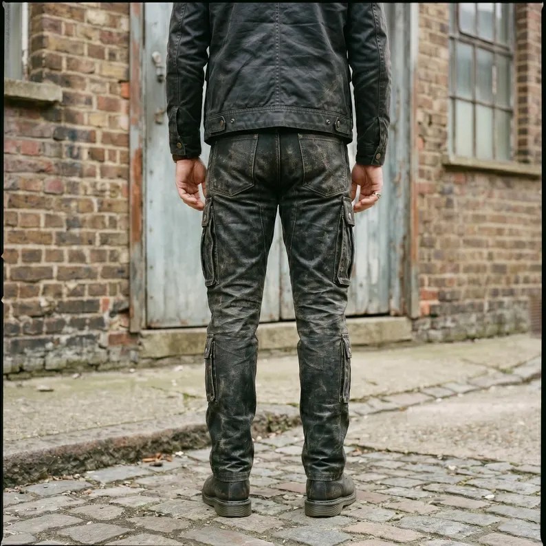Men’s Genuine Leather Cargo Pants Distressed Black Biker Trousers Multi Pockets