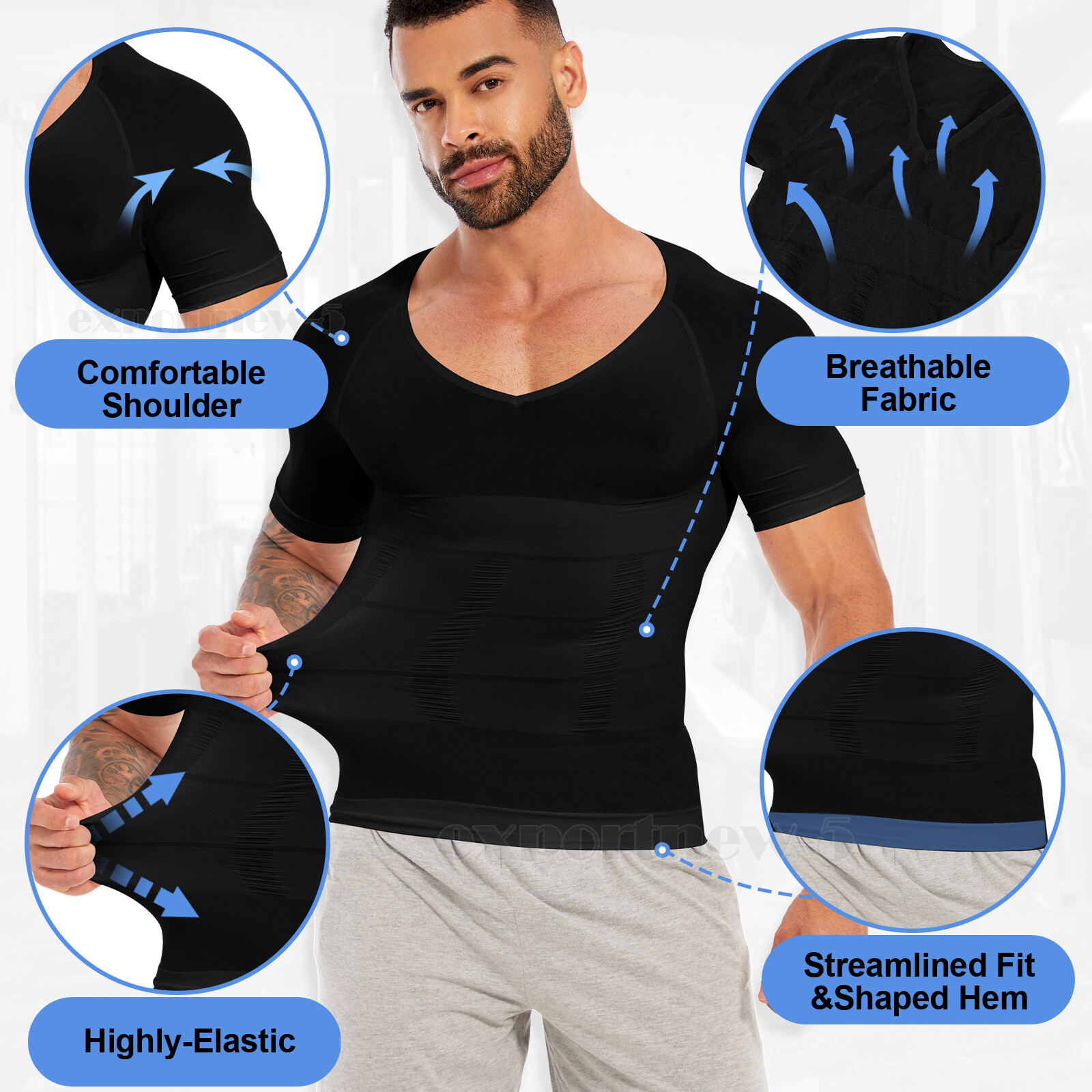V-Neck Compression Posture Corrector T-shirt Men Body Slimming Tummy Body Shaper