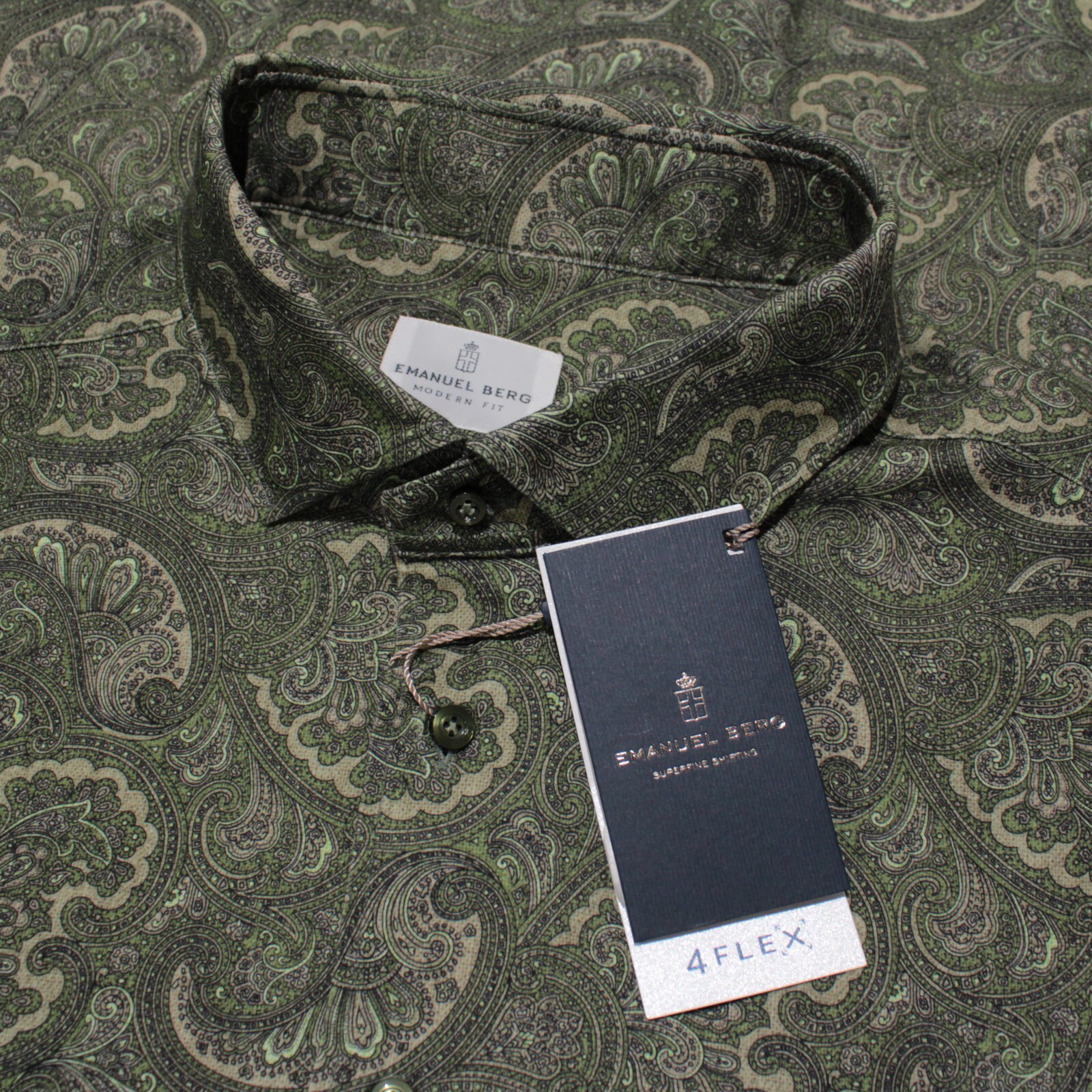 Emanuel Berg NWT Byron Casual Button Down Shirt Size 46 18 XXL in Green Paisley