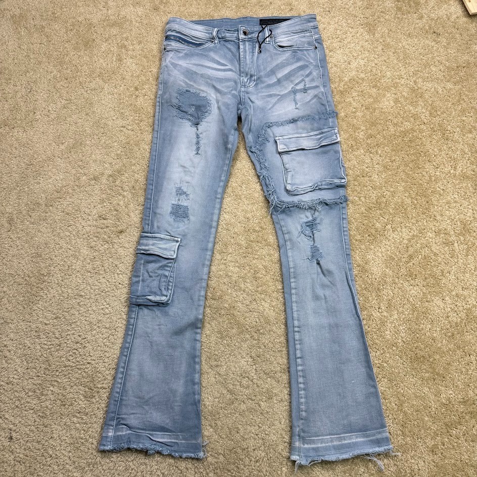 Rockstar Original Jeans Men’s 34 RSM 205 Flare Stacked Distressed Cargo Blue