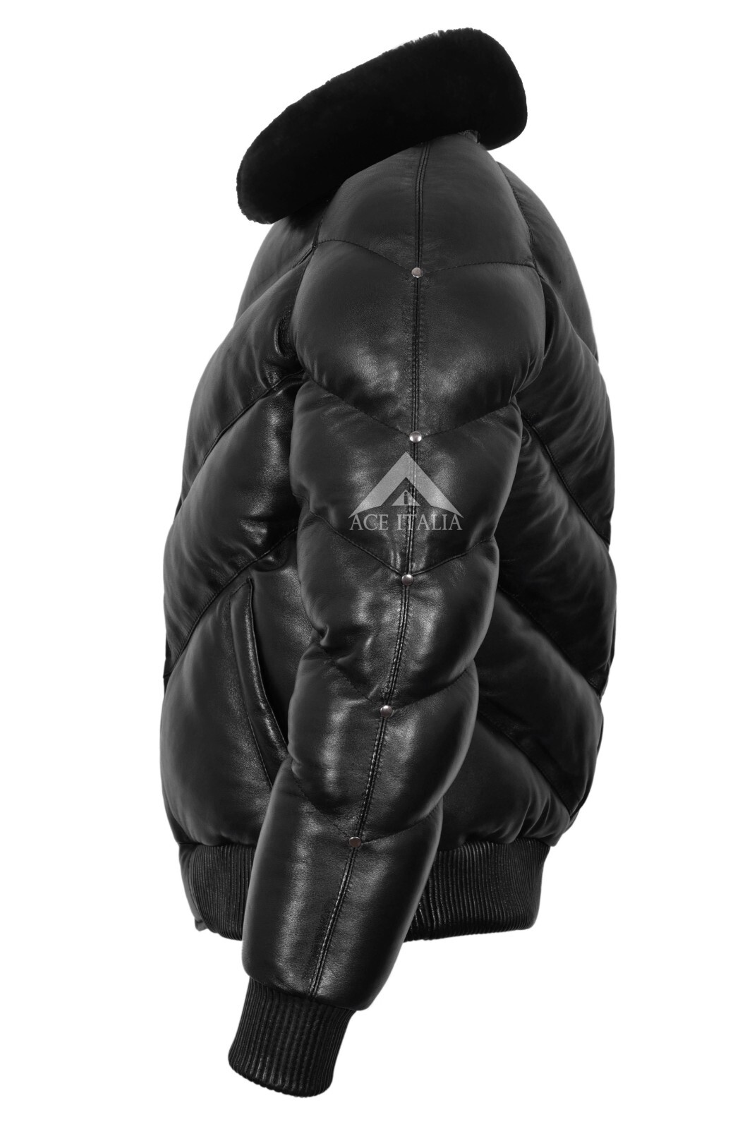 Men’s Ace Puffer Leather Jacket Black Sheepskin Soft Collar WARM Bomber Jacket
