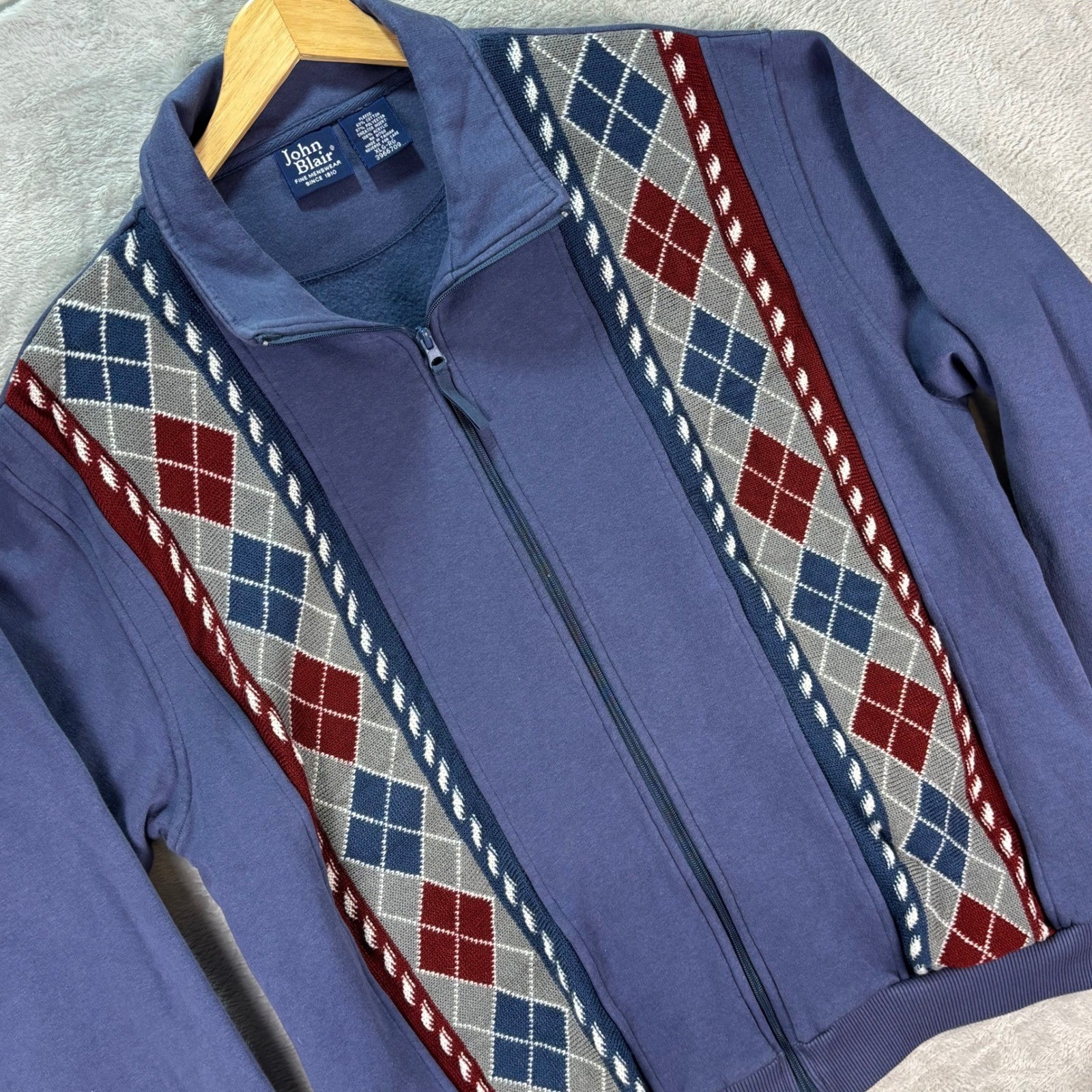 John Blair Mens Argyle Knit Panel Zip Fleece Jacket Blue Burgundy Sz XL Dadcore
