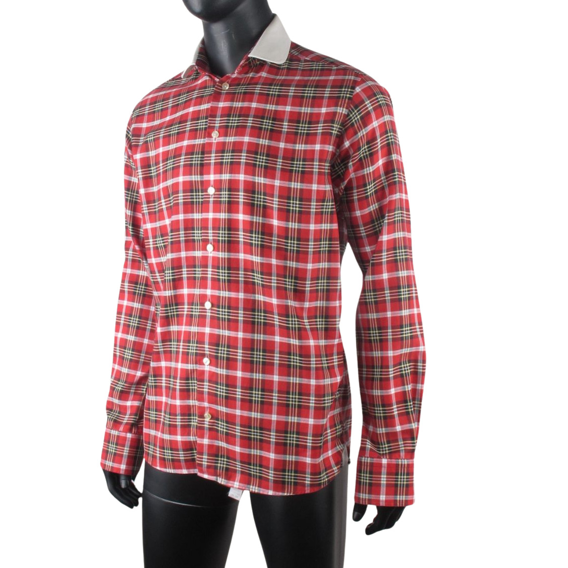 Eton Slim Fit Men’s Red Tartan Check Shirt 16 41 White Contrast Collar Cotton