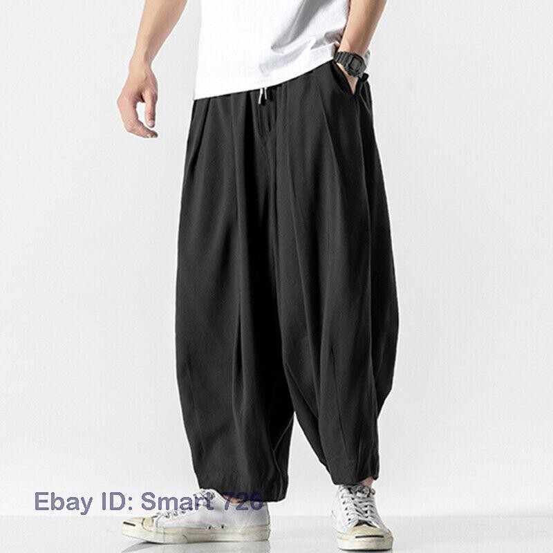 Men’s Chinese Style Loose Harem Casual Pants Yoga Kung Fu Wide Leg Long Trousers