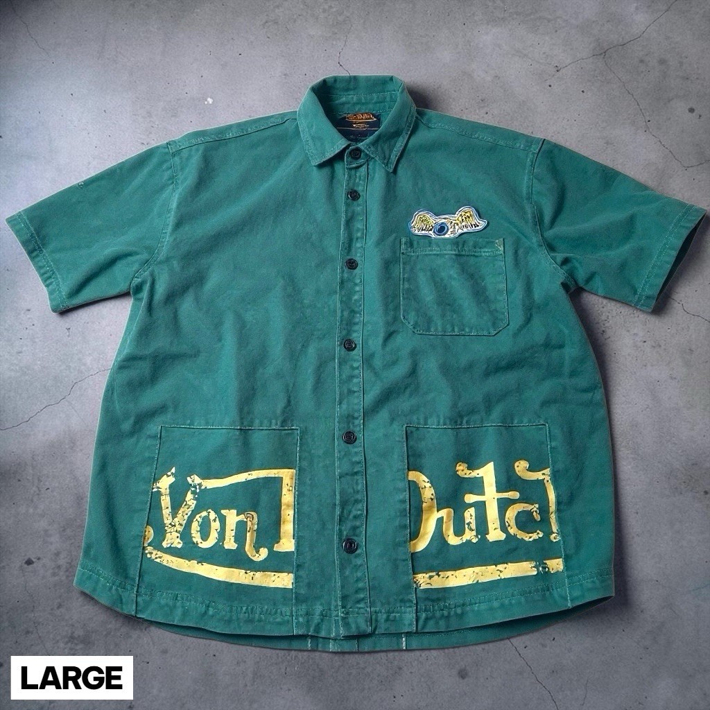 Von Dutch Shirt Mens LARGE Green Canvas Snap Embroidered Patches Short Sleeve