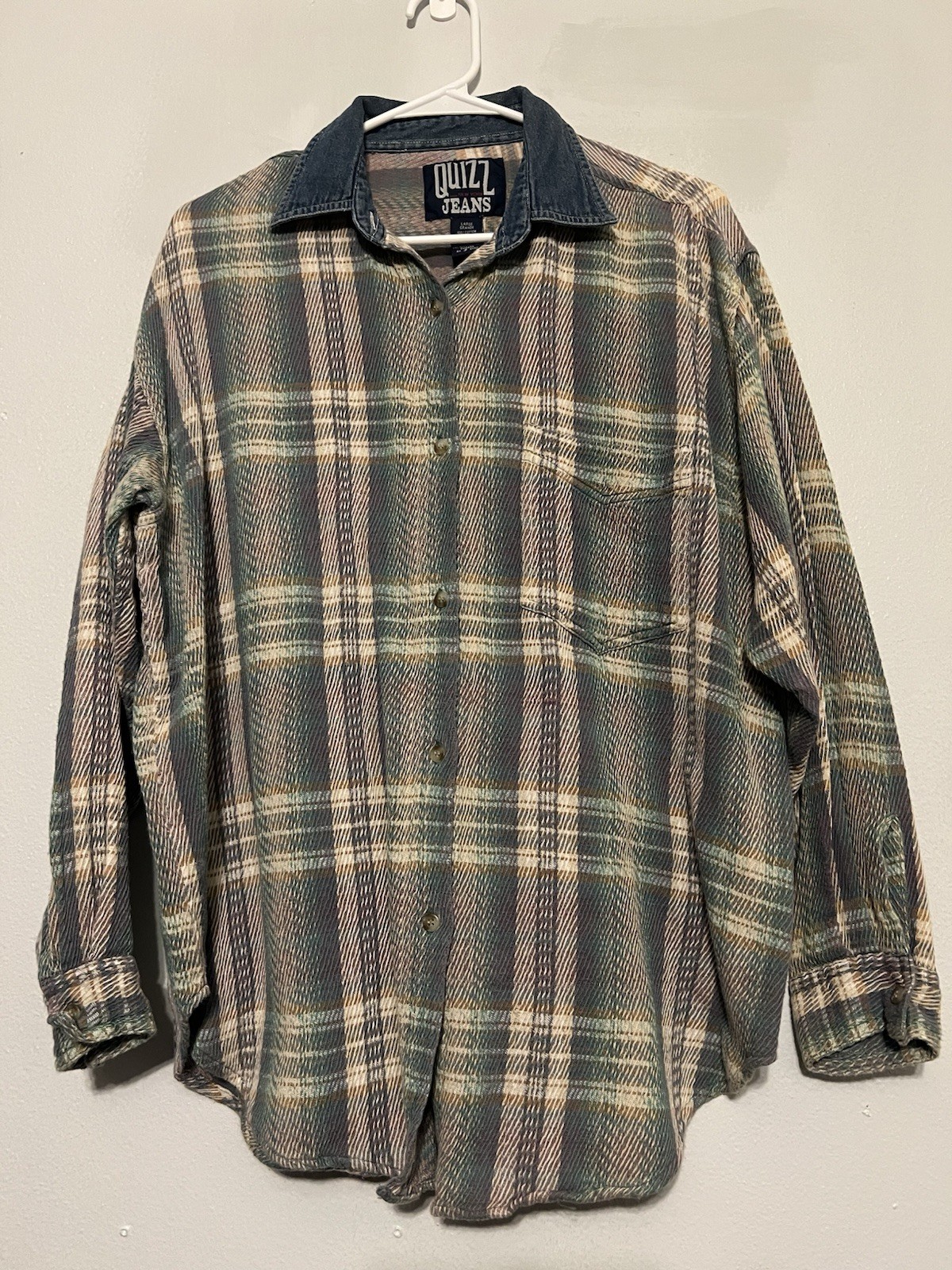 Vintage Quizz Jeans Denim Collar Colorful Classic Plaid Shirt Size Large READ
