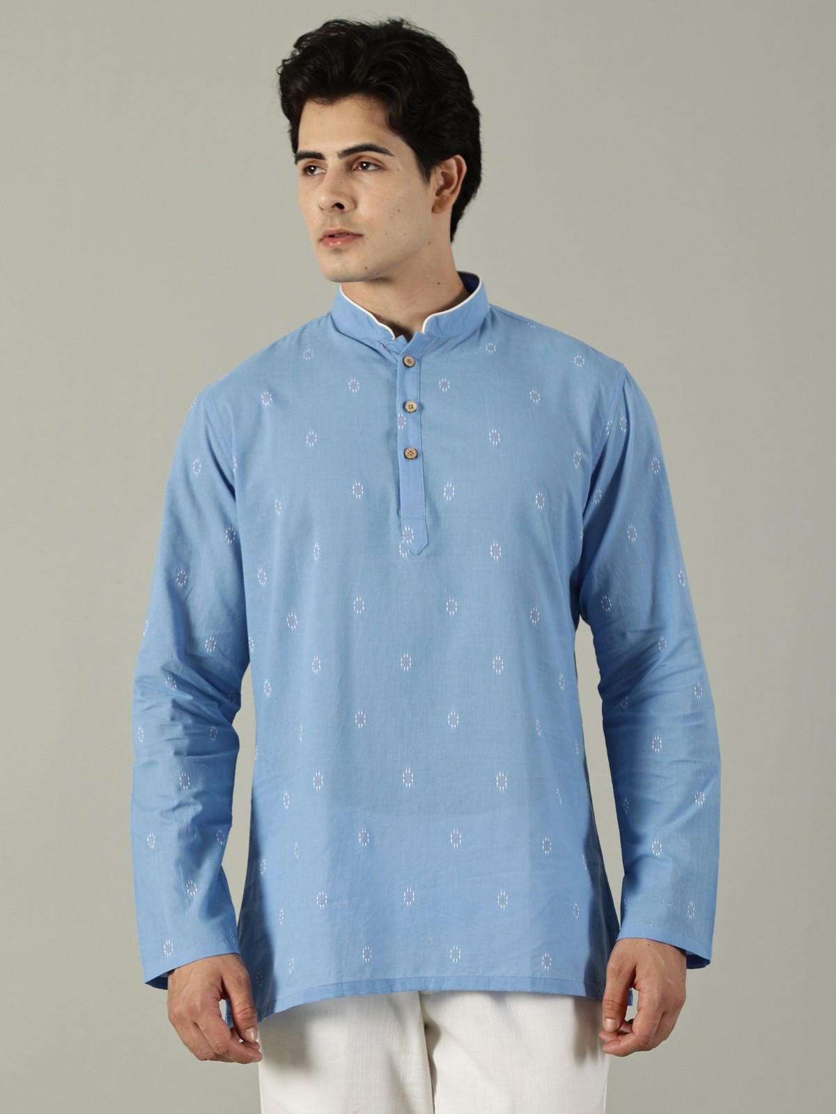 Men’s Blue Short Cotton Kurta Dobby Texture Ethnic Casual Semi Formal Kurta