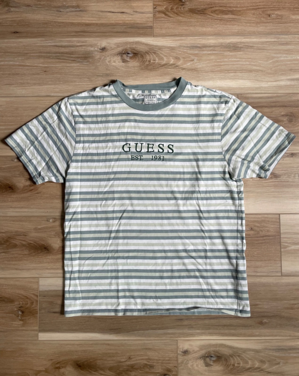 Guess Los Angeles Men Green Striped Crew Neck Short Sleeve T-Shirt Sz S