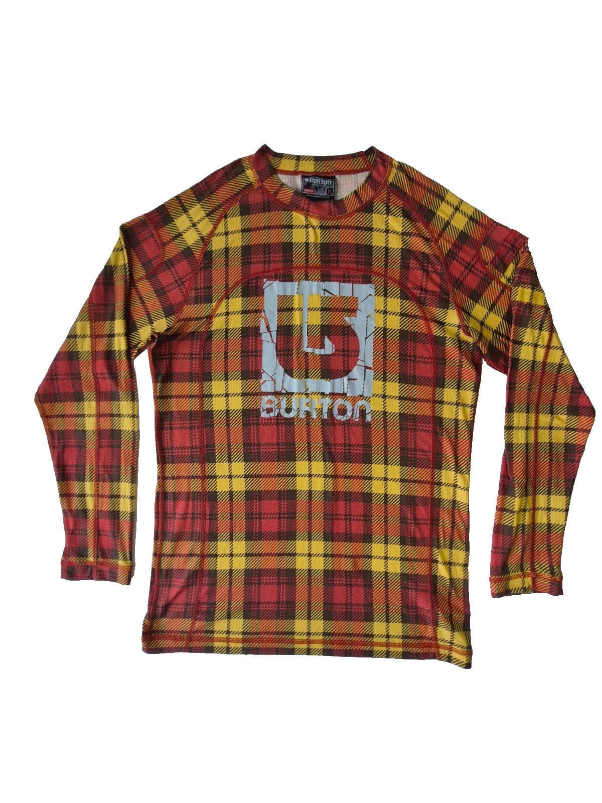 Burton Plaid Base Layer Shirt Mens Large Red Yellow Long Sleeve Thermal Top