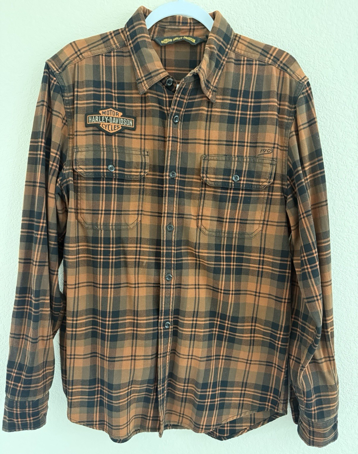 Harley-Davidson Men’s M Brown/Black Plaid Flannel Slim Button-Up Shirt Pockets
