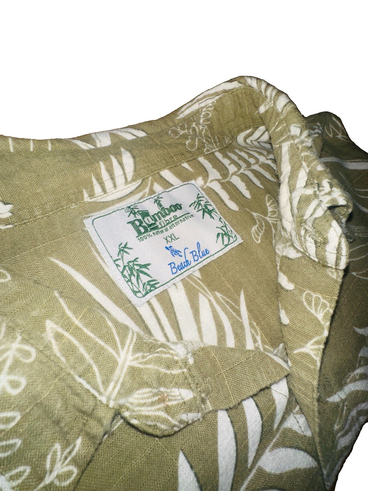 Beach Blue Mens XXL Bamboo Cotton Tropical Hawaiian Shirt Green/White Pockets