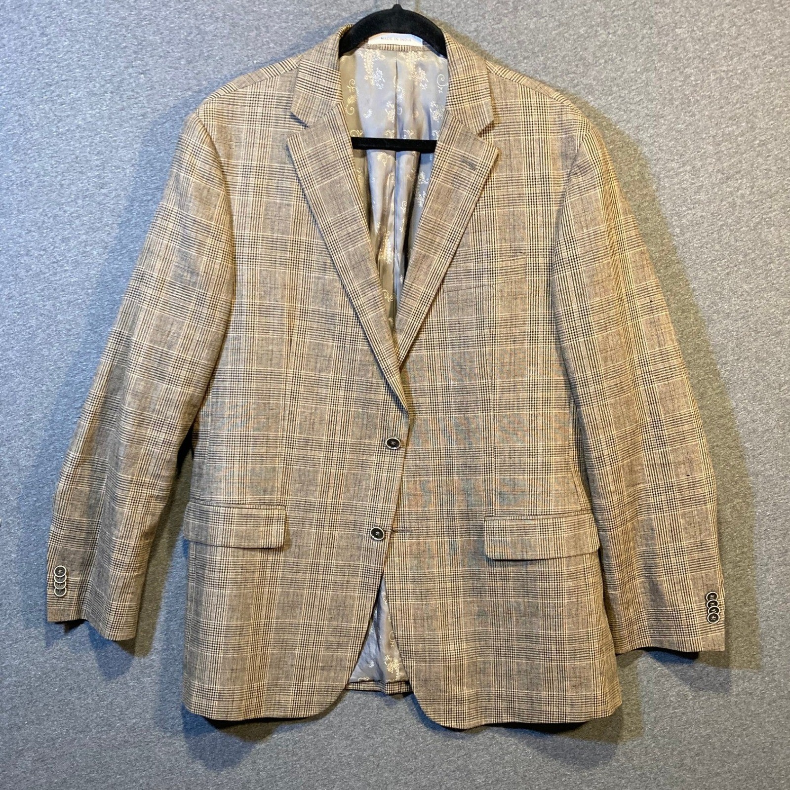Joseph Abboud Men 44 Long Tan Glen Plaid Cotton Linen Two Button Blazer Jacket