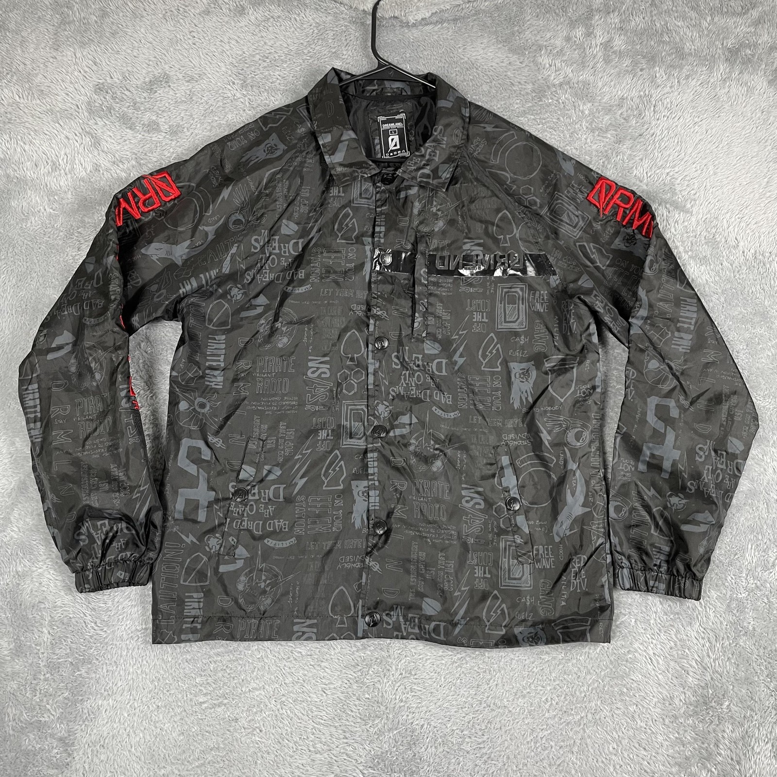 Dreamland Jacket Mens Large Black Gray Graphic Coach Windbreaker Streetwear