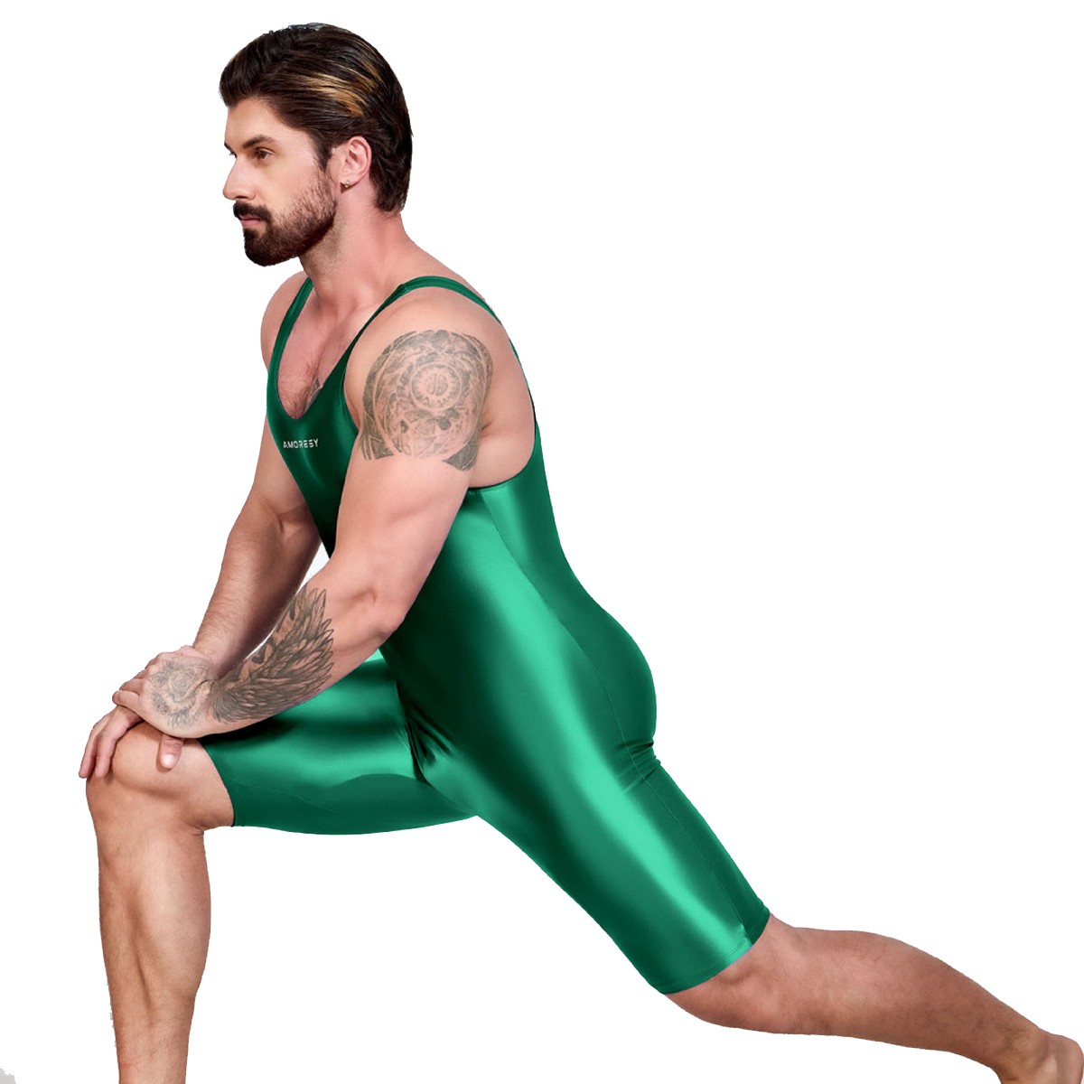 AMORESY Men Satin Oil Tracksuits Running Fitness Yoga Tights Sleeveless Bodysuit