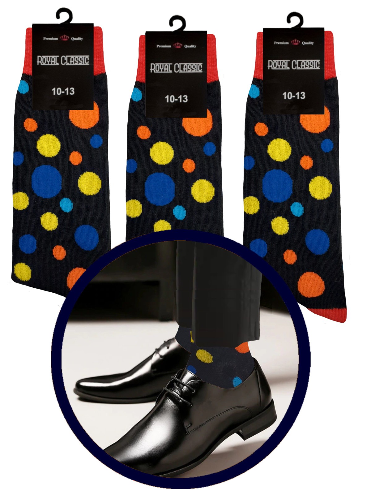 Cotton Dress Socks First Quality TRUE TO SIZE 10-13 Multicolor Polka Novelty