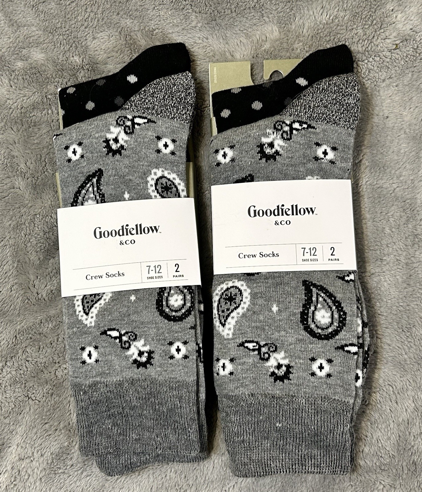 Goodfellow & Co Crew Socks 2 Pairs 7-12 Gray Black Paisley Polka Dot NWT