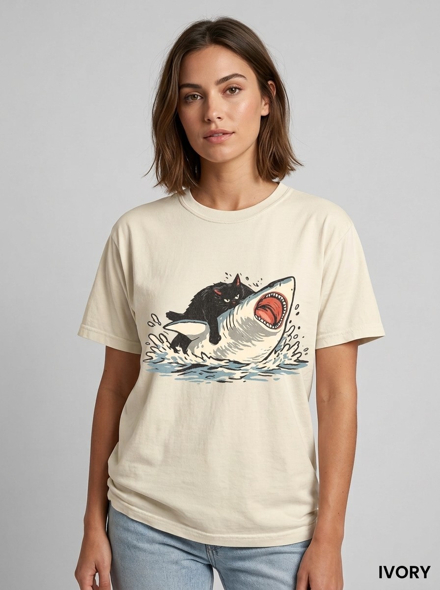 Fat Cat vs Shark Shirt Funny Meme Cat Graphic Tee Freeships
