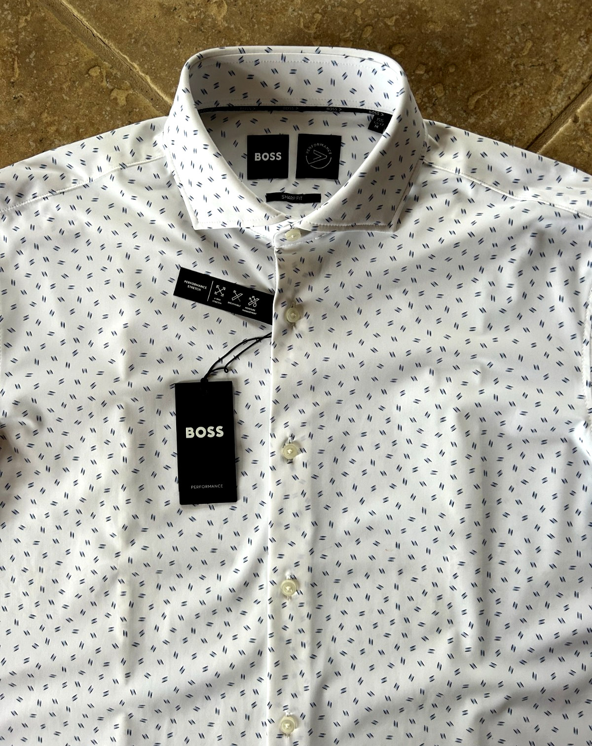 Hugo Boss Max Sharp Fit Performance Dress Shirt 17 32/33 Blue Geo $149 NWT