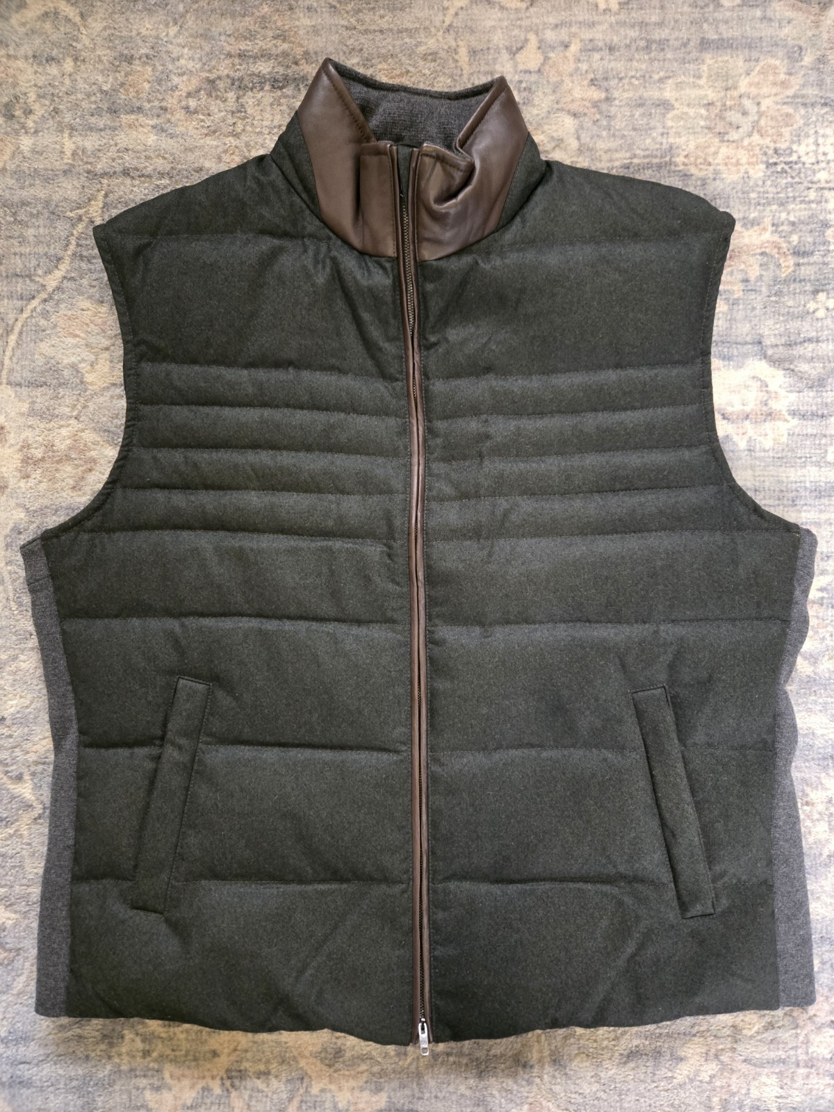Luciano Barbera Wool Down Vest w/ Leather Size 54 (XL US ) Gray / Brown