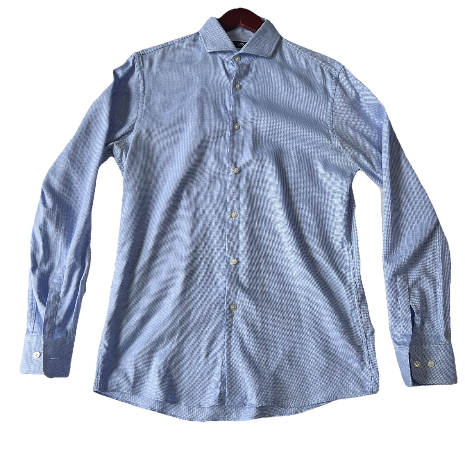 Hugo Boss Sharp Fit Dress Shirt Men 15 1/2 34/35 Blue Textured Long Sleeve Slim