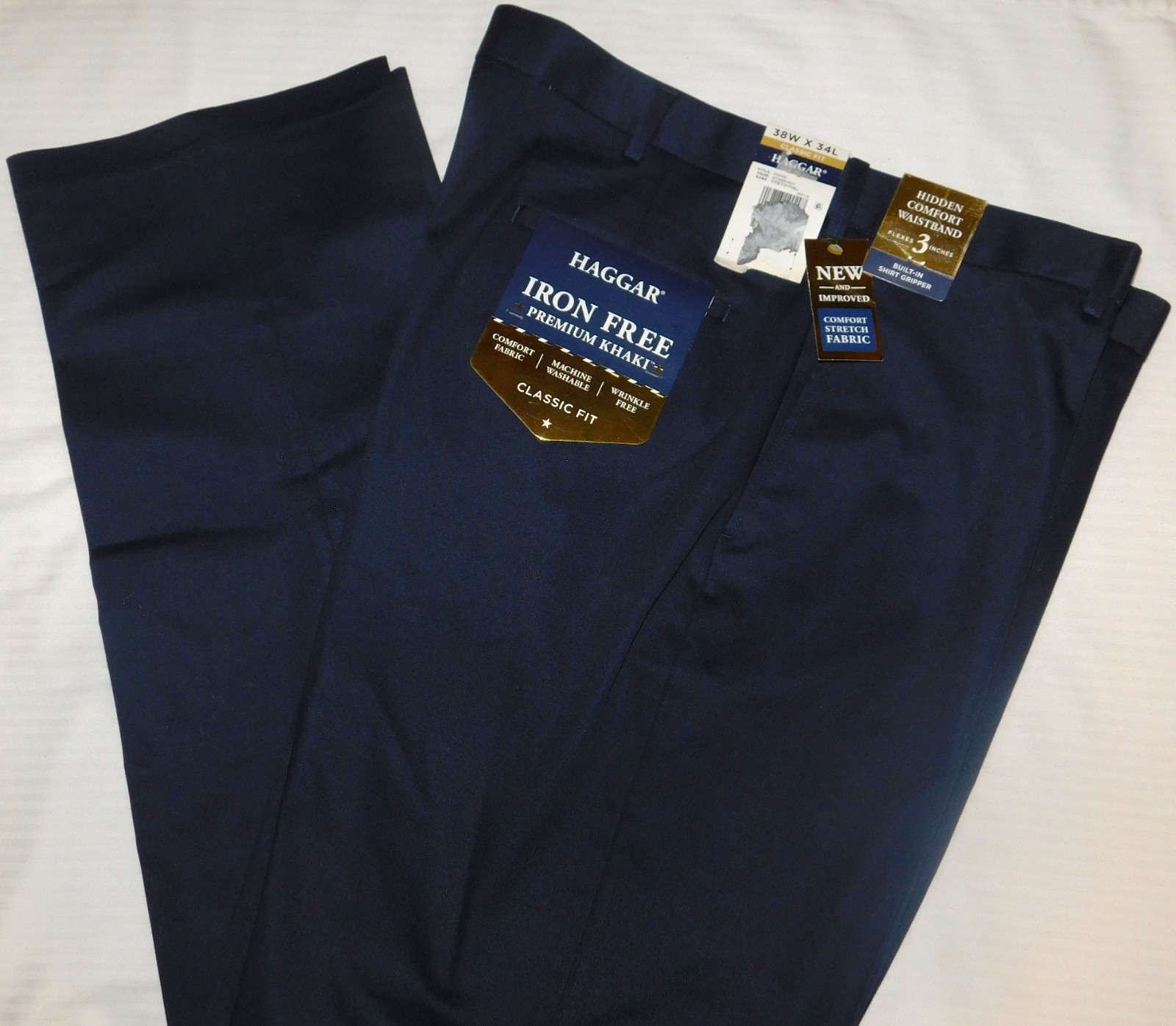 HAGGAR Iron Free Premium Khaki Pants Classic Fit Hidden Comfort Waist Navy