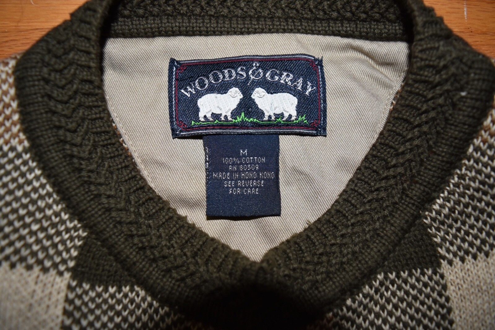 Woods & Gray Brown Plaid Knit Sweater Crewneck Check Aprés Ski Cotton Mens M
