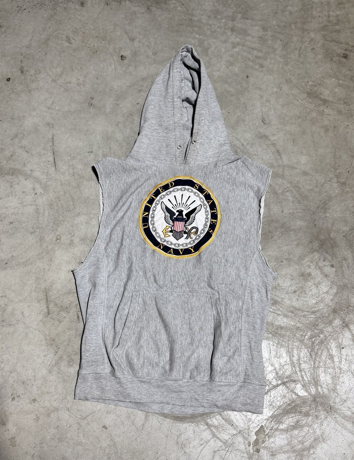 Steve & Barry’s US Navy Gray Sleeveless Pullover Fleece Hoodie Pockets Sz S