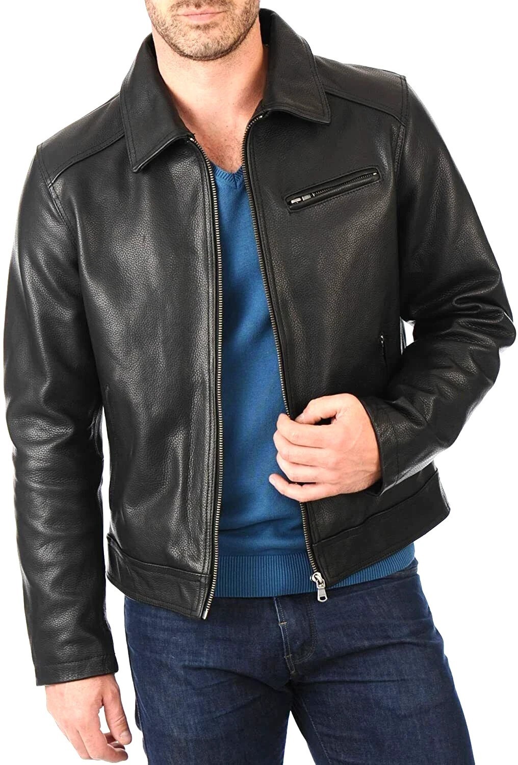 Men’s Cafe Racer Genuine Lambskin Leather Jacket Motorcycle Biker Vintage Brown