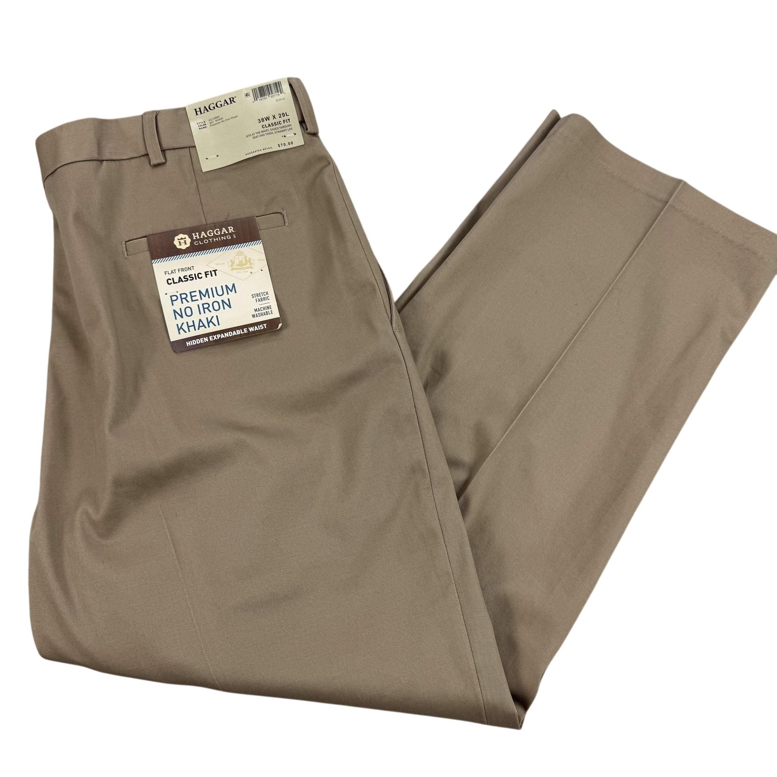 Haggar Pants Mens 38×29 Beige Premium No Iron Khaki Classic Fit Stretch NEW $70