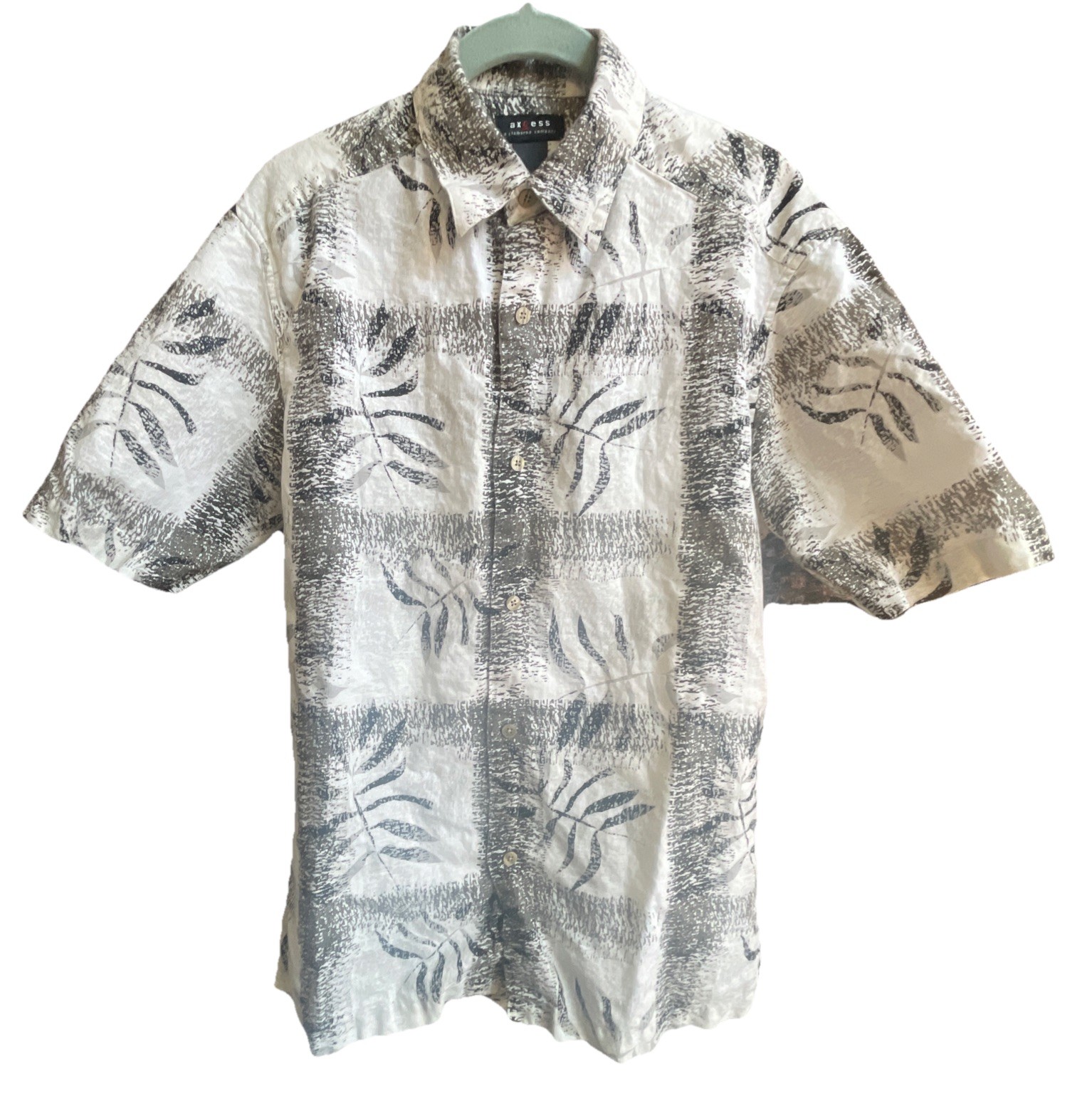 Axcess Claiborne Men’s Linen Cotton SS Shirt Sz Medium Black Grey White Print