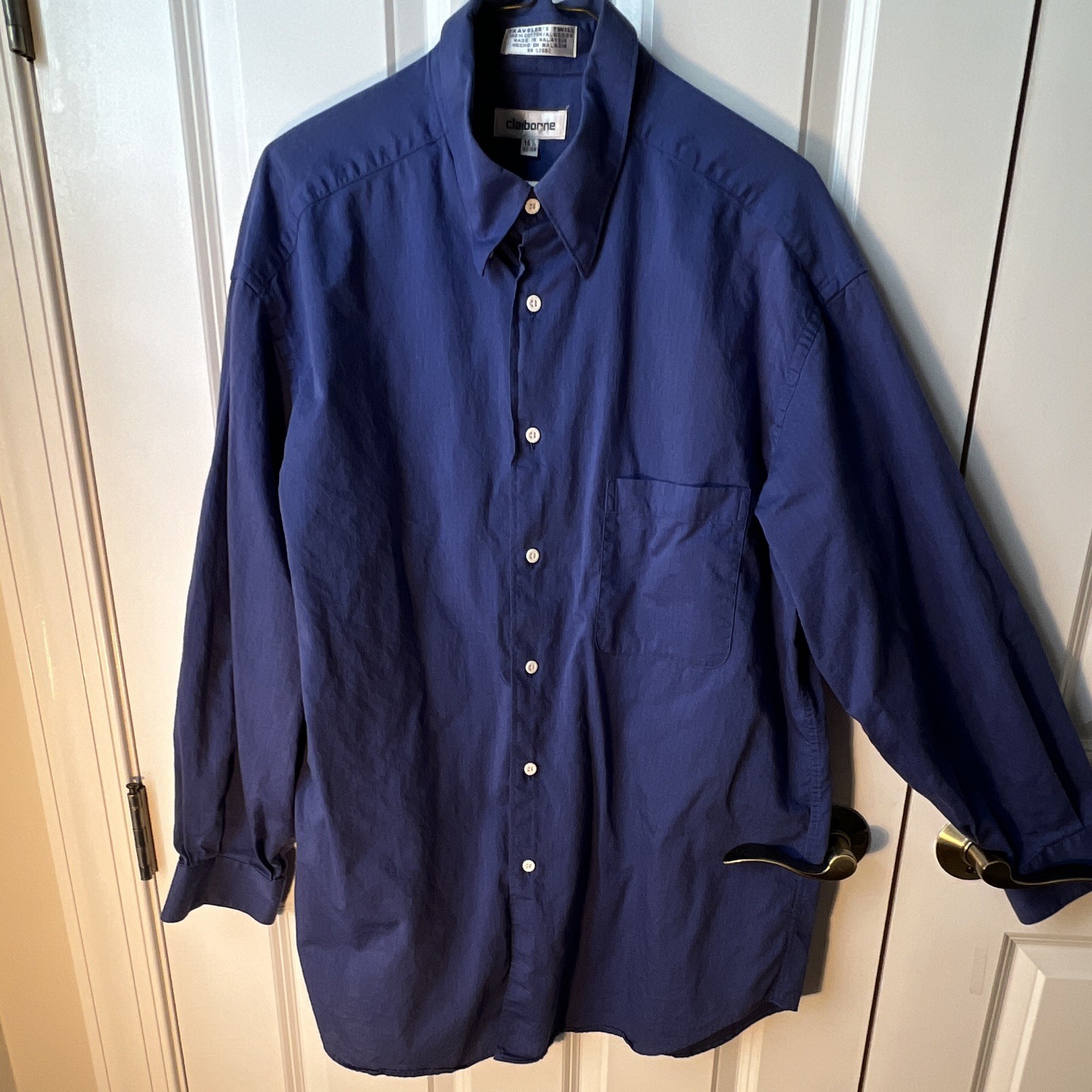 Claiborne Men’s 15 1/2 Twill Cotton Solid Blue Button-Up Shirt Pockets LS
