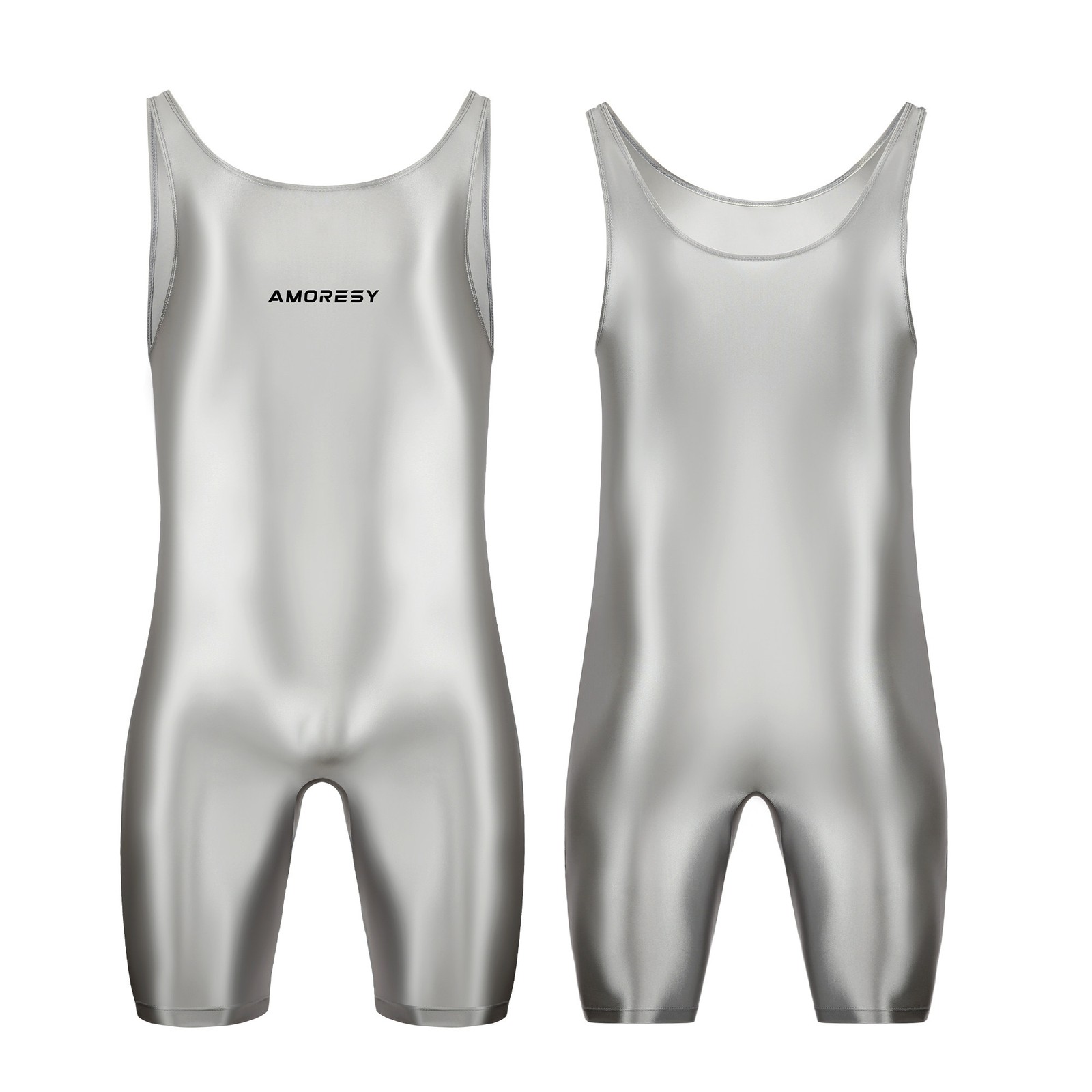 AMORESY Men Satin Oil Tracksuits Running Fitness Yoga Tights Sleeveless Bodysuit