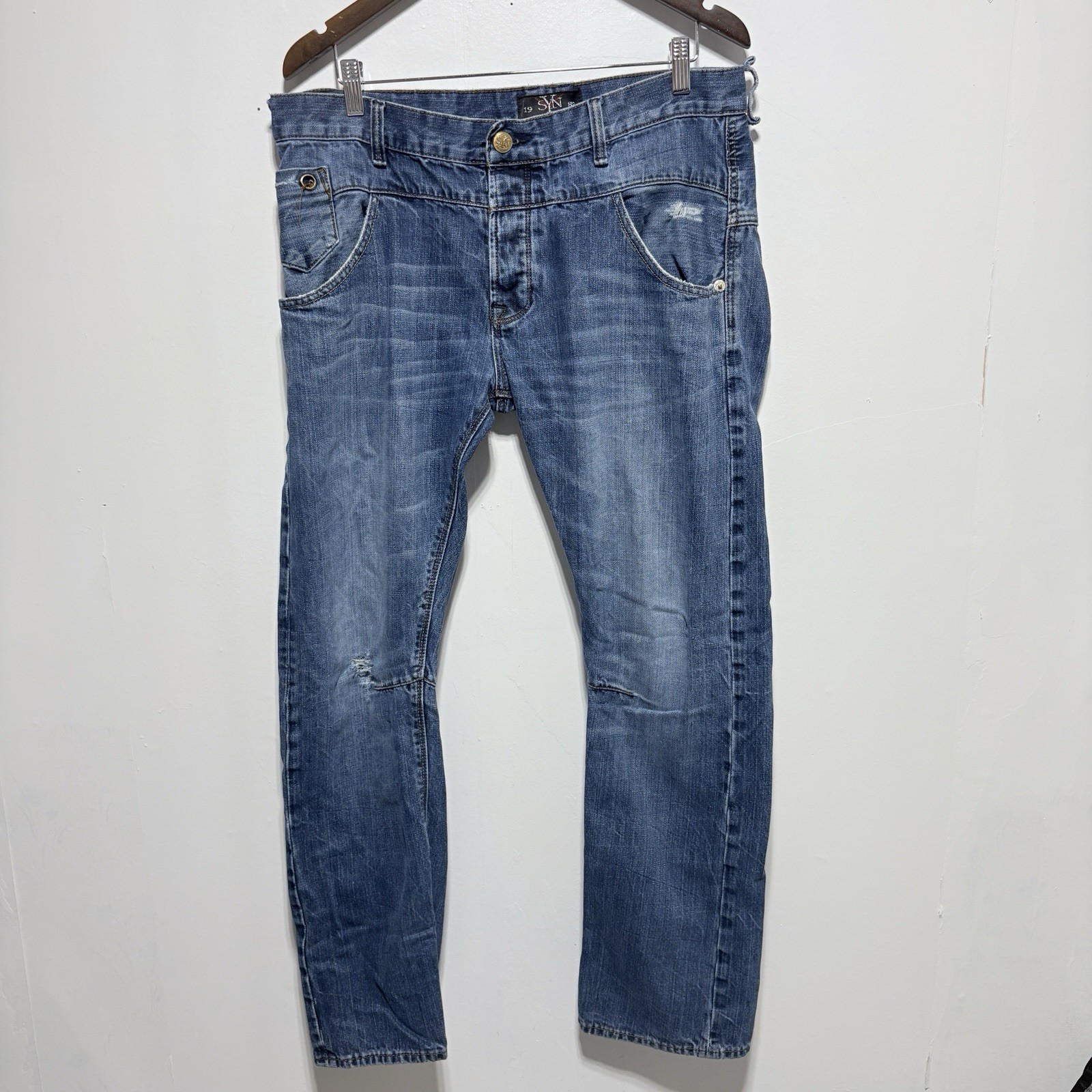Syn Jeans Mens 36 X 32 Bootcut Distressed Button Fly Tapered Leg Streetwear