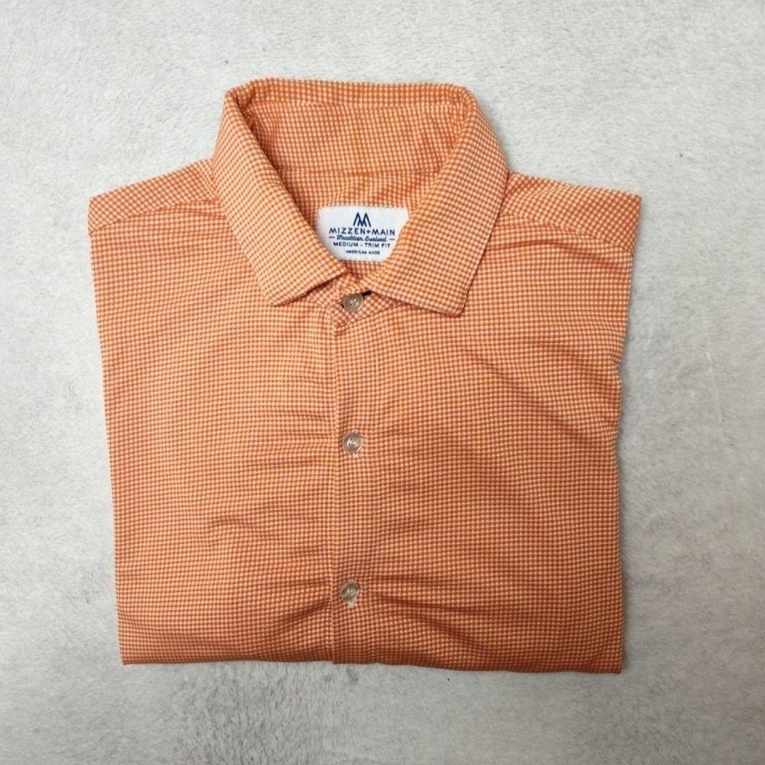 Mizzen+Main Shirt Mens M Orange Gingham Slim Point Collar Long Sleeve Trim Fit