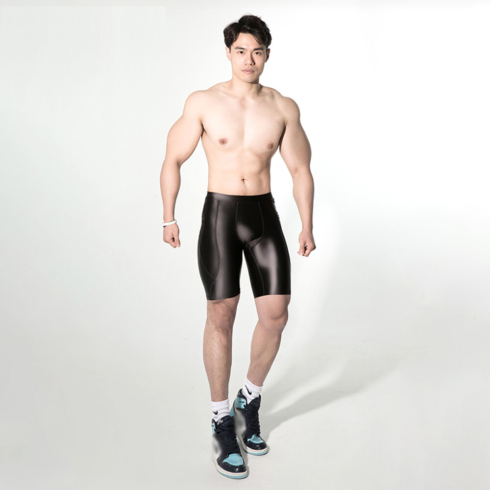 Amoresy Men Satin Glossy Shorts Opaque Shiny Activewear Leggings Fitness Sports