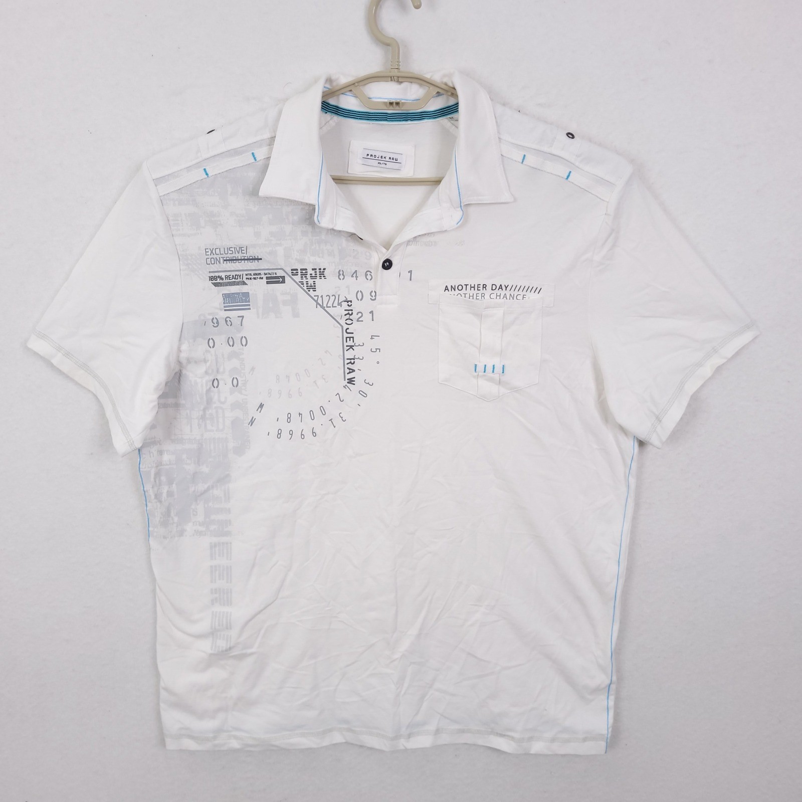 Projek Raw Polo Shirt Mens XL White Graphic Print Epaulets Urban Streetwear