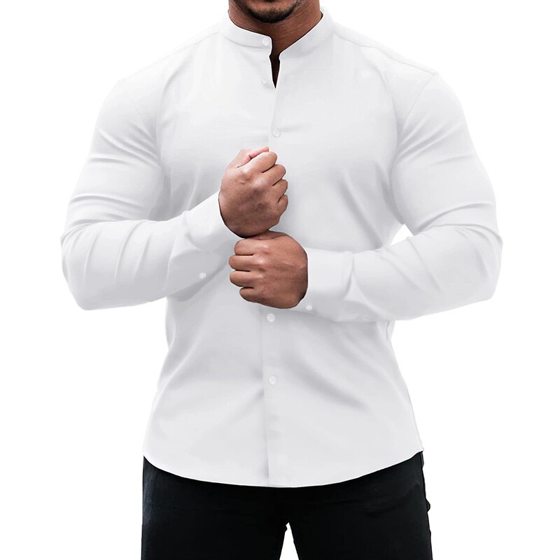 Mens Muscle Dress Shirts Slim Fit Stretch Collarless Long Sleeve Button Shirt U.