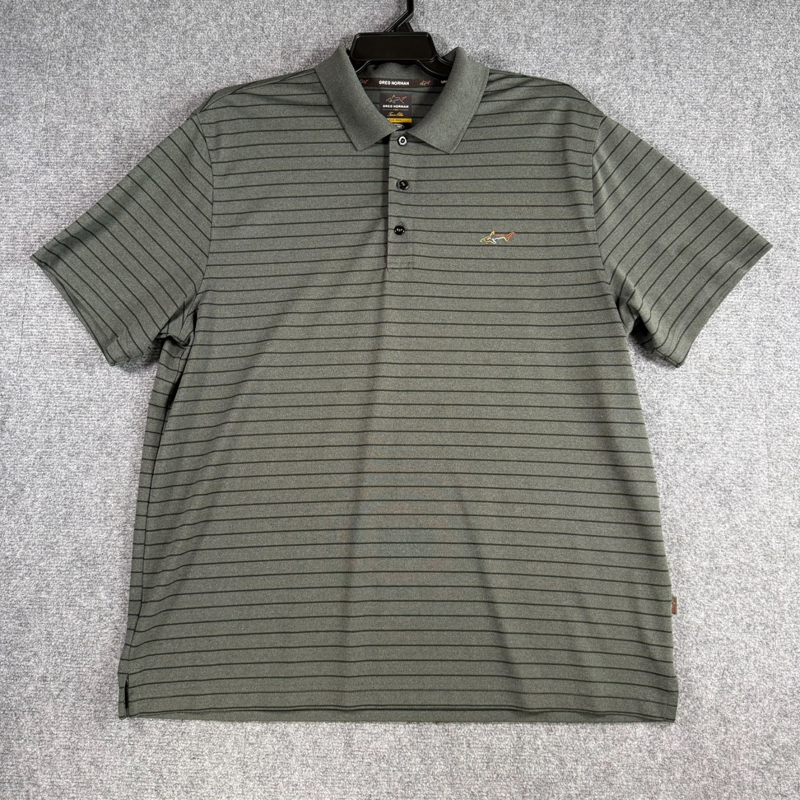 Greg Norman Tasso Elba Five Iron Play Dry Golf Polo Gray Black Stripe XL Logo