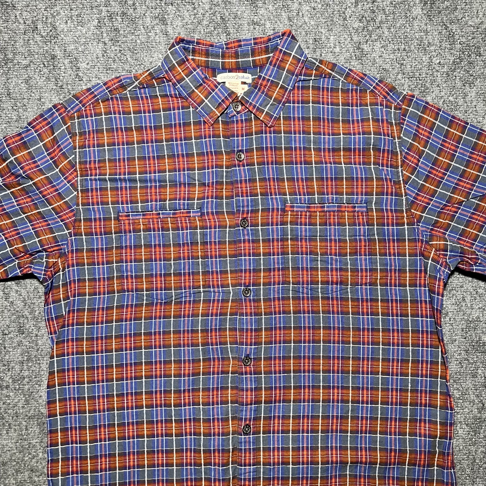 Carbon 2 Cobalt Blue Red Check Plaid Short Sleeve Button Up Cotton Rayon Medium