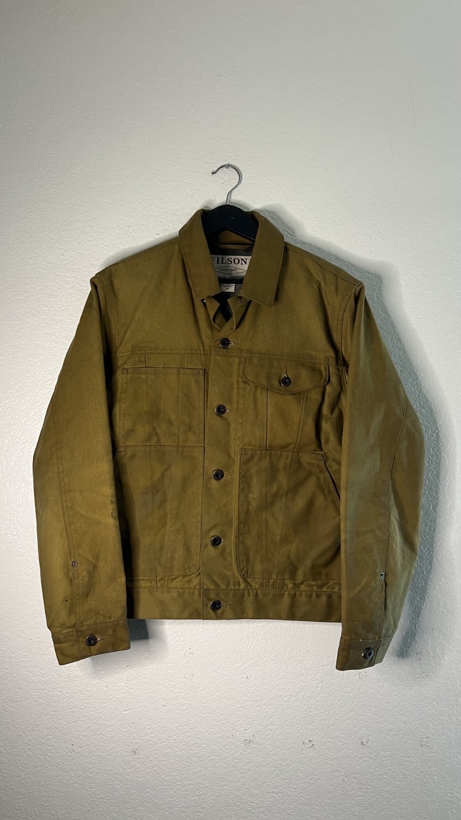 C.C. FILSON Short Lined Cruiser Jacket Oil Tin Cloth Made In USA Jacket Waxed