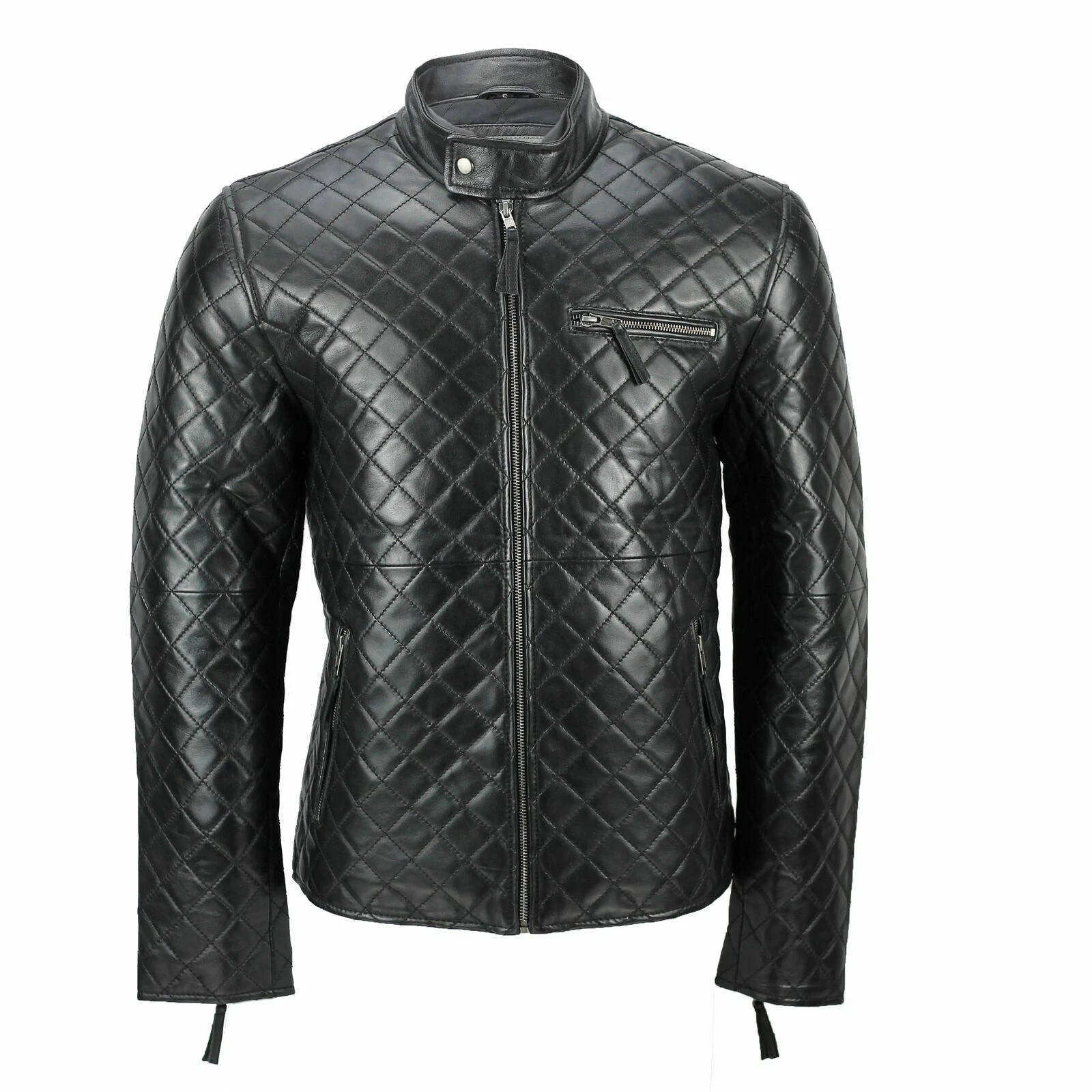 NEW Men Black Genuine Lambskin Leather Quilted Moto Biker Jacket Size XS TO 3XL