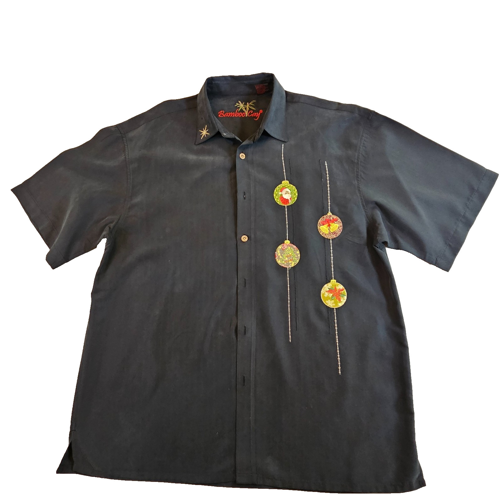 Bamboo Cay Mens L Black Camp Shirt Christmas Ornaments Embroidered Short Sleeve