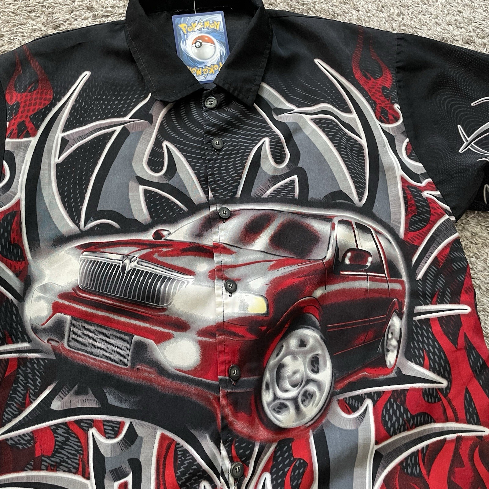 Vtg Tribal Flames Shirt Mens Small Black Red Flame AOP Button Up EUC Y2K 1522