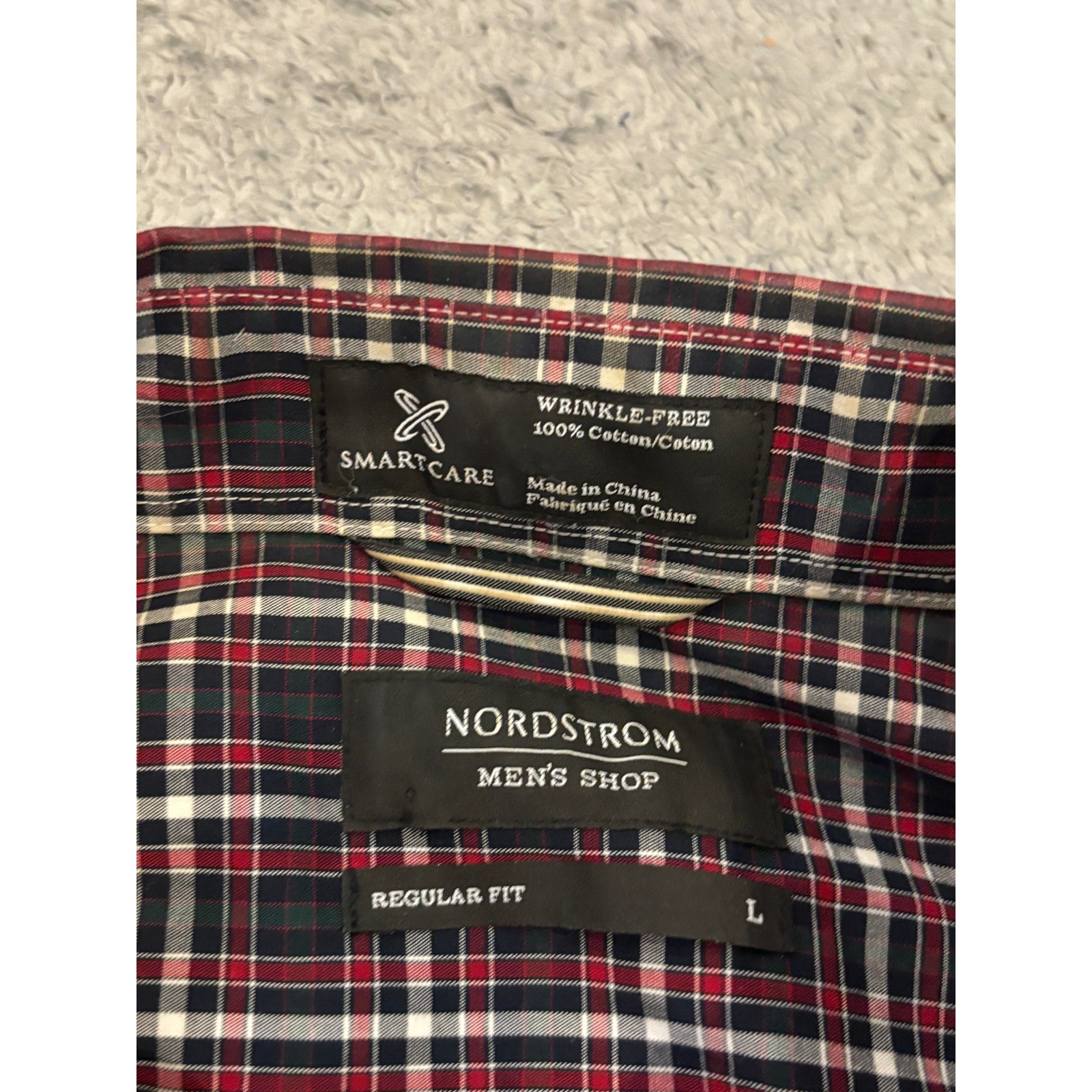Nordstrom Mens Shop Smartcare Plaid Shirt Regular Fit Red Navy Green Large L