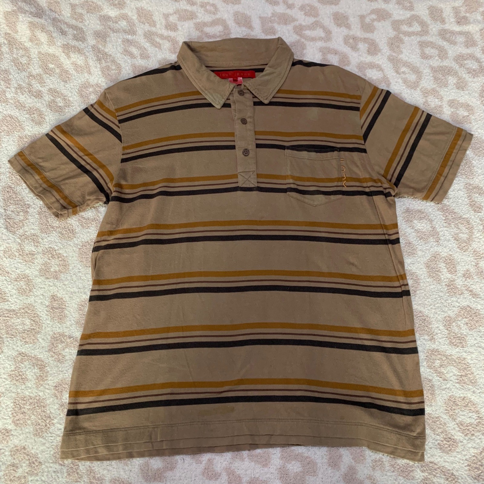FCUK Jeans Striped Polo Shirt Tan Brown Men’s Medium Short Sleeve Pocket