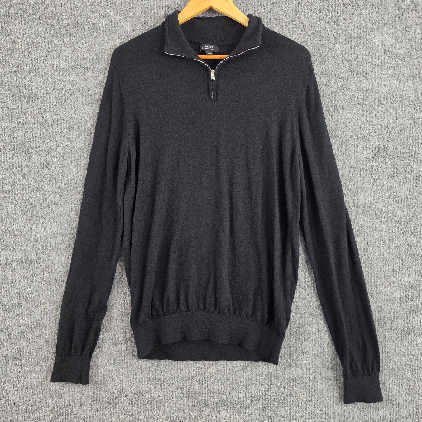 Reiss Sweater Mens Large Merino Wool Quarter Zip Black Knit Preppy Quiet Luxury