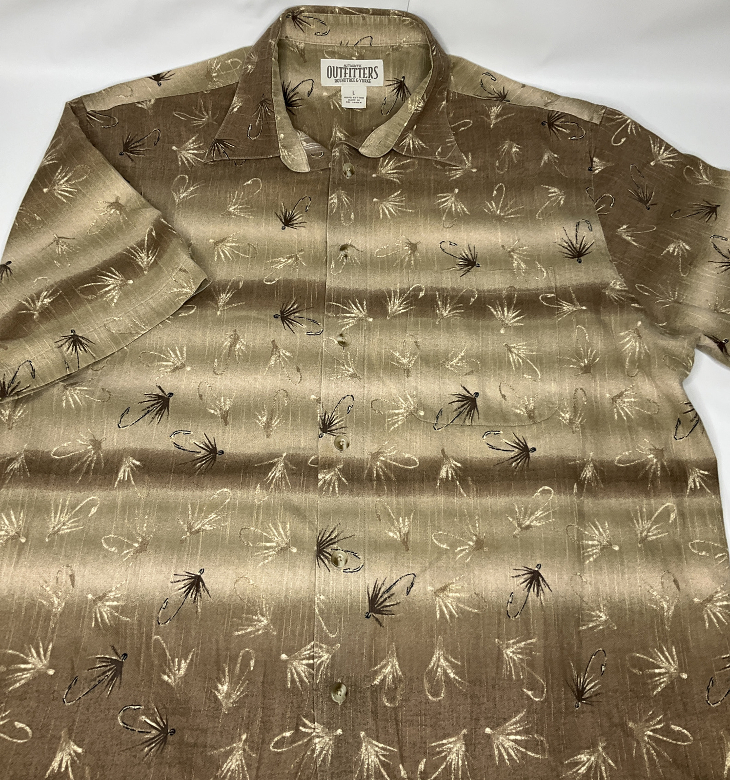 Roundtree Yorke Outfitters Shirt Men Sz Large Camp Button Front Fish Hook Cotton