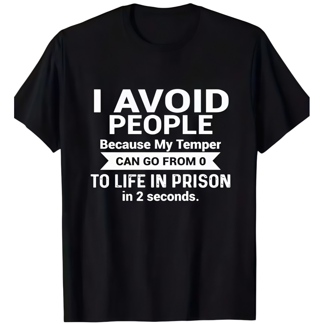 Men’s Black Cotton Graphic T-Shirt – “I Avoid People” Funny Print, Round Neck