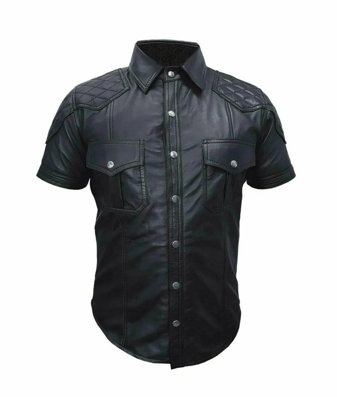 Mens Real Lambskin Leather Short Sleeve Shirt Quilted Shoulder Biker Casual Top