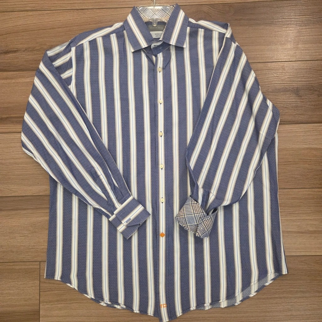 Men’s Thomas Dean Dress Shirt XL Blue White Striped Long Sleeve
